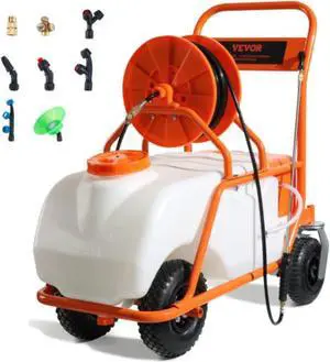 VEVOR Battery Powered Lawn Sprayer on Wheel, 0-90 PSI Adjustable Pressure, 15 Gallon Tank, Cart Sprayer with 8 Nozzles and 2 Wands, 12V 12Ah Battery, Wide Mouth Lid for Weeding, Spraying
