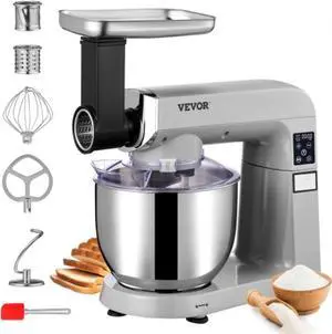 VEVOR 6 IN 1 Stand Mixer, 450W Tilt-Head Multifunctional Electric Mixer with 6 Speeds LCD Screen Timing, 7.4Qt Stainless Bowl, Dough Hook, Flat Beater, Whisk, Scraper, Grinder, Stuffer, Slicer - Gray