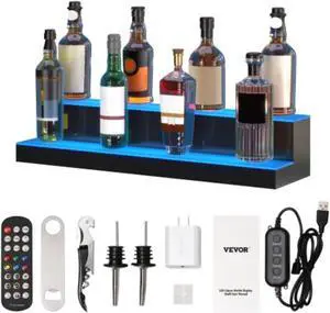 VEVOR LED Lighted Liquor Bottle Display, 2 Tiers 30 Inches, Illuminated Home Bar Shelf with RF Remote & App Control 7 Static Colors 1-4 H Timing, Acrylic Drinks Lighting Shelf for Holding 16 Bottles