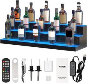 VEVOR LED Lighted Liquor Bottle Display, 3 Tiers 40 Inches, Illuminated Home Bar Shelf with RF Remote & App Control 7 Static Colors 1-4 H Timing, Acrylic Drinks Lighting Shelf for Holding 30 Bottles