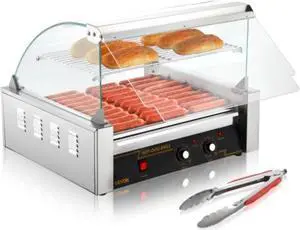 VEVOR Hot Dog Roller, 11 Rollers 30 Hot Dogs Capacity, 1650W Stainless Sausage Grill Cooker Machine with Dual Temp Control Glass Hood Acrylic Cover Bun Warmer Shelf Removable Drip Tray, ETL Certified