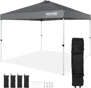 VEVOR Pop Up Canopy Tent, 10 x 10 ft, 250 D PU Silver Coated Tarp, with Portable Roller Bag and 4 Sandbags, Waterproof and Sun Shelter Gazebo for Outdoor Party, Camping, Commercial Events, Dark Gray
