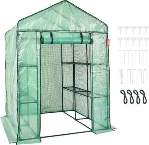 VEVOR Walk-in Green House, 4.6 x 4.6 x 6.6 ft  Greenhouse with Shelves, High Strength PE Cover with Doors & Windows and Steel Frame, Set Up in Minutes, Suitable for Planting and Storage