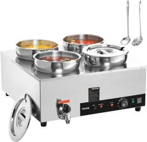 VEVOR Electric Soup Warmer, Four 7.4QT Stainless Steel Round Pot 86~185F Adjustable Temp, 1500W Commercial Bain Marie with Anti-dry Burn and Reset Button, Soup Station for Restaurant, Buffet, Silver
