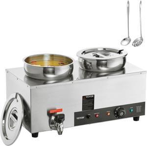 VEVOR Electric Soup Warmer, Dual 7.4QT Stainless Steel Round Pot 86~185F Adjustable Temp, 1200W Commercial Bain Marie with Anti-dry Burn and Reset Button, Soup Station for Restaurant, Buffet, Silver