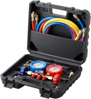 VEVOR AC Gauge Set - 3 Way AC Manifold Gauge Set for R134A R22 R12 R410A Refrigerant, Freon Gauges with 5ft Hoses, Couplers, Can Tap Works on Car Auto Freon Charging and Evacuation VEVOR AC Gauge Set - 3 Way AC Manifold Gauge Set for R134A R22 R12 R410A Refrigerant, Freon Gauges with 5ft Hoses, Couplers, Can Tap Works on Car Auto Freon Charging and Evacuation