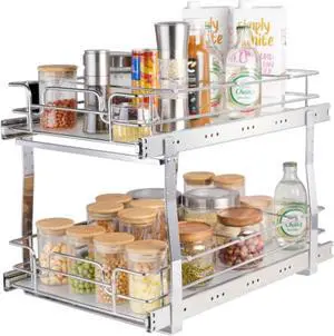 VEVOR 2 Tier 13"W x 21"D Pull Out Cabinet Organizer, Heavy Duty Slide Out Pantry Shelves, Chrome-Plated Steel Roll Out Drawers, Sliding Drawer Storage for Inside Kitchen Cabinet, Bathroom, Under Sink