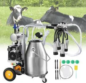 VEVOR Electric Cow Milking Machine, 6.6 Gal / 25 L 304 Stainless Steel Bucket, Automatic Pulsation Vacuum Milker, Portable Milker with Food-grade Silicone Cups and Tubes, Adjustable Pressure
