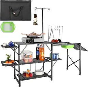VEVOR Camping Kitchen Table, One-piece Folding Portable Cook Station with A Carrying Bag, Long Aluminum Camping Table 3 Side Tables, 2 Shelves & A Detachable Sink for Outdoor Picnics, BBQs, Camping