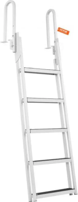 VEVOR Dock Ladder, Flip-Up 5 Steps, 350 lbs Load Capacity, Aluminum Alloy Pontoon Boat Ladder with 4'' Wide Step & Nonslip Rubber Mat, Easy to Install for Ship/Lake/Pool/Marine Boarding
