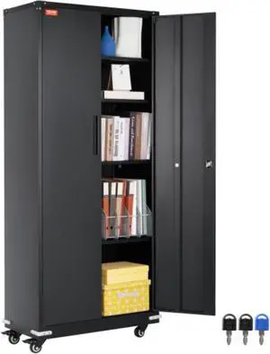 VEVOR Metal Storage Cabinet with Wheels, 75'' Locking Cabinet with 2 Magnetic Doors and 4 Adjustable Shelves, 200 lbs Capacity per Shelf, Metal Cabinet with 3 Keys for Office, Garage, Home, Black