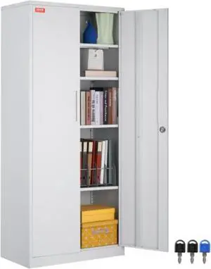 VEVOR Metal Storage Cabinet with 2 Magnetic Doors and 4 Adjustable Shelves, 200 lbs Capacity per Shelf, Locking Steel Storage Cabinet, 71'' Metal Cabinet with 3 Keys, for Office, Garage, Home, White