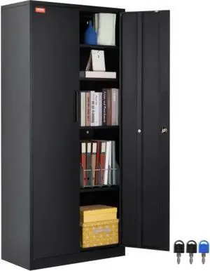 VEVOR Metal Storage Cabinet with 2 Magnetic Doors and 4 Adjustable Shelves, 200 lbs Capacity per Shelf, Locking Steel Storage Cabinet, 71'' Metal Cabinet with 3 Keys, for Office, Garage, Home, Black