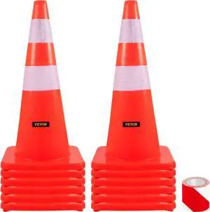 VEVOR Safety Cones, 28 in/73 cm Height, 12 PCS PVC Orange Traffic Cone with 2 Reflective Collars and Weighted Base,  for Traffic Control, Driveway Road Parking and School Improvement