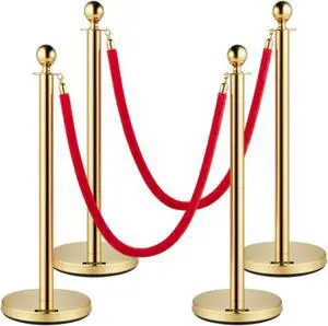 VEVOR Velvet Ropes and Posts, 5 ft/1.5 m Red Rope, Stainless Steel Gold Stanchion with Ball Top, Red Crowd Control Barrier  for Theaters, Party, Wedding, Exhibition, Ticket Offices 4 packSets