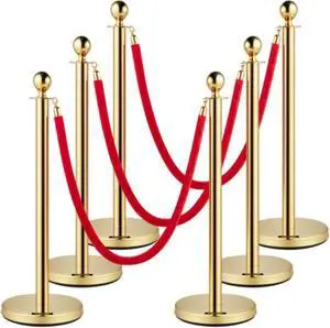 VEVOR Velvet Ropes and Posts, 5 ft/1.5 m Red Rope, Stainless Steel Gold Stanchion with Ball Top, Red Crowd Control Barrier  for Theaters, Party, Wedding, Exhibition, Ticket Offices Pack Sets (6)