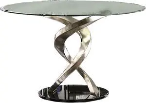 Contemporary Round Dining Table with Swirl Metal Base, Black and Silver