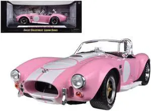 1965 Shelby Cobra 427 S/C Pink with White Stripes with Printed Carroll Shelby Signature's on the Trunk 1/18 Diecast Model Car by Shelby Collectibles