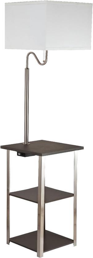 58" Tall "Dru" 3-Tiered Square Side Table Floor Lamp with Charging Station and USB Port, Brushed Silver