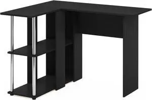 Furinno Abbott L-Shape Desk with Bookshelf  Americano  Stainless Steel Tubes