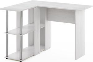 Furinno Abbott L-Shape Desk with Bookshelf  White Oak  Stainless Steel Tubes