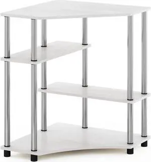 Furinno Turn-N-Tube Space Saving Corner Desk with Shelves, White Oak, Stainless Steel Tubes