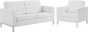 Loft Tufted Upholstered Faux Leather Loveseat and Armchair Set Silver White