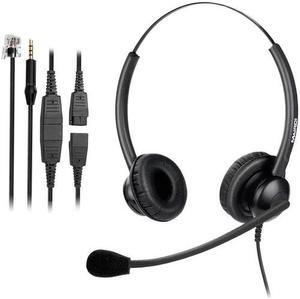 Duo Call Center Office Headphones with RJ9 Jack & 3.5mm Connector for Landline Phone Cell Phone PC Laptop