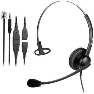 Mono Call Center Office Headphones with RJ9 Jack & 3.5mm Connector for Landline Phone Cell Phone PC Laptop