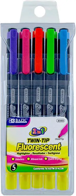 BAZIC Double Tip Fluorescent Highlighter (5/Pack) / Box Qty - 24