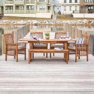 Walker Edison 6-Piece Brown Acacia Patio Dining Set with Cushions