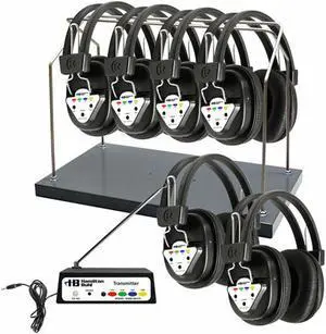 HamiltonBuhl Wireless 6 Person Listening Center with Multi-Frequency Transmitter, Wireless Headphones and Rack