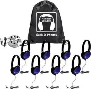 HamiltonBuhl Sack-O-Phones, 8 Blue Primo Headphones and 3.5mm Jackbox