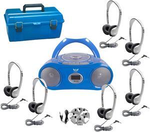 6-Station Listening Center with AudioAce Boombox, 6 Personal-Sized Headphones with Leatherette Ear Cushions, Jackbox and Carry Case