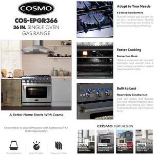 COSMO COS-EPGR366 36 in. Slide-In Freestanding Gas Range with 6 Sealed Burners  Cast Iron Grates and 6.0 cu. ft. Convection Oven in Stainless Steel  36 inch