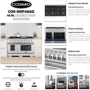 Cosmo 48" 5.5 cu.ft. Double Oven Gas Range With 8 Burners, Stainless Steel