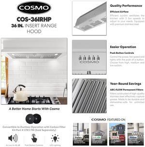 Cosmo 36" Insert Range Hood With Push Button Controls, Stainless Steel