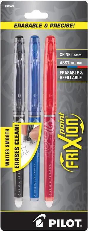 Pilot, FriXion Point Erasable & Refillable Gel Ink Pens, Extra Fine Point 0.5 mm, Pack of 3, Black, Blue & Red Pilot, FriXion Point Erasable & Refillable Gel Ink Pens, Extra Fine Point 0.5 mm, Pack of 3, Black, Blue & Red