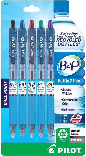 PILOT B2P - Bottle to Pen Refillable & Retractable Ball Point Pen Made From Recycled Bottles, Medium Point, Black/Blue/Red/Green/Purple Inks, 5-Pack (32814) PILOT B2P - Bottle to Pen Refillable & Retractable Ball Point Pen Made From Recycled Bottles, Medium Point, Black/Blue/Red/Green/Purple Inks, 5-Pack (32814)