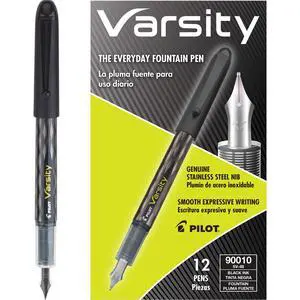Pilot Precise Varsity Pre-Filled Fountain Pens for Writing, Medium Point Stainless Steel Nib, Black Ink, 1.0mm, 12-Pack Pilot Precise Varsity Pre-Filled Fountain Pens for Writing, Medium Point Stainless Steel Nib, Black Ink, 1.0mm, 12-Pack