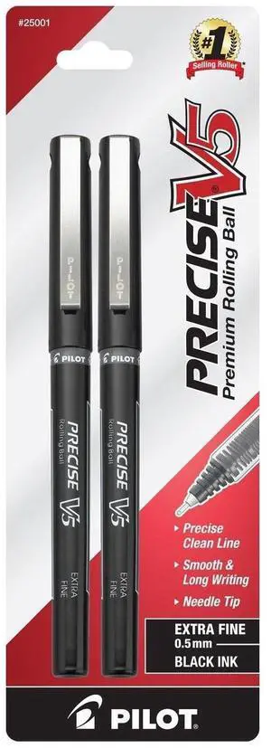 PILOT Precise V5 Stick Liquid Ink Rolling Ball Stick Pens, Extra Fine Point (0.5mm) Black Ink, 2-Pack (25001) PILOT Precise V5 Stick Liquid Ink Rolling Ball Stick Pens, Extra Fine Point (0.5mm) Black Ink, 2-Pack (25001)