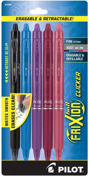 Pilot Frixion Clicker Erasable Pen, Fine, 0.7 mm, Assorted Gel ink. 5 pack 13989 Pilot Frixion Clicker Erasable Pen, Fine, 0.7 mm, Assorted Gel ink. 5 pack 13989