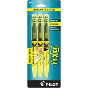 Pilot, FriXion Light Erasable Highlighters, Chisel Tip, Pack of 3, Yellow Pilot, FriXion Light Erasable Highlighters, Chisel Tip, Pack of 3, Yellow