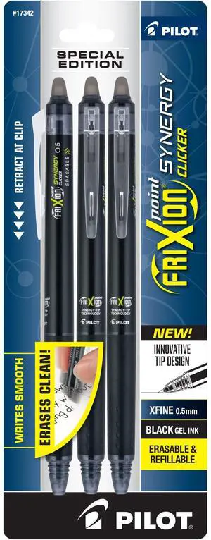 Pilot, FriXion Synergy Clicker Erasable, Refillable, Retractable Gel Ink Pens, Extra Fine Point 0.5 mm, Pack of 3, Black Pilot, FriXion Synergy Clicker Erasable, Refillable, Retractable Gel Ink Pens, Extra Fine Point 0.5 mm, Pack of 3, Black