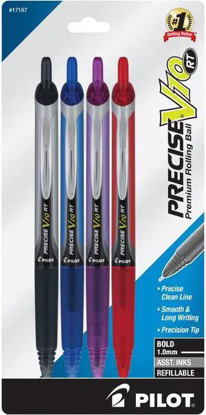 Pilot Precise V10 Retractable Rolling Ball Pens, Bold Point, 1.0 mm, Assorted, Pack Of 4 Pens Pilot Precise V10 Retractable Rolling Ball Pens, Bold Point, 1.0 mm, Assorted, Pack Of 4 Pens