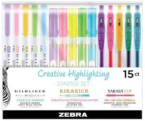 Zebra Pen Highligher Set, MILDLINER, KIRARICH & SARASA Clip, Assorted, 15Pk Zebra Pen Highligher Set, MILDLINER, KIRARICH & SARASA Clip, Assorted, 15Pk