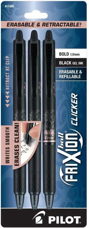 Pilot® FriXion® Ball Clicker Erasable Retractable Gel Pens, Pack of 3, Bold Point, 1.0 mm, Black Barrels, Black Ink Pilot® FriXion® Ball Clicker Erasable Retractable Gel Pens, Pack of 3, Bold Point, 1.0 mm, Black Barrels, Black Ink