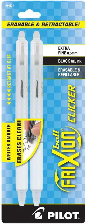 PILOT FriXion Ball Clicker Erasable Gel Ink Retractable Pen, Extra Fine Point, 0.5mm, White Barrel, Black Ink, 2 Pack PILOT FriXion Ball Clicker Erasable Gel Ink Retractable Pen, Extra Fine Point, 0.5mm, White Barrel, Black Ink, 2 Pack