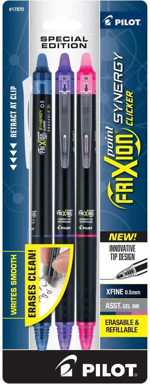 PILOT Frixion Point Synergy Clicker Retractable & Erasable Gel Ink Pens, 0.5mm Extra Fine Point, Assorted Colors, 3-pack PILOT Frixion Point Synergy Clicker Retractable & Erasable Gel Ink Pens, 0.5mm Extra Fine Point, Assorted Colors, 3-pack