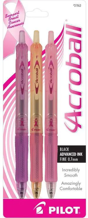 Pilot Acroball for a Cure Breast Cancer Awareness Advanced Ink Retractable Ball Point Pens, Fine Pt., Black Ink, Assorted Color Barrels, 3-Pack (31963) Smooth Writing, Smear-Resistant Advanced Ink Pilot Acroball for a Cure Breast Cancer Awareness Advanced Ink Retractable Ball Point Pens, Fine Pt., Black Ink, Assorted Color Barrels, 3-Pack (31963) Smooth Writing, Smear-Resistant Advanced Ink